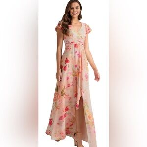 Floral Ruffle Sleeve with Slit T-length V Neck Chiffon Formal Dress Sz 8